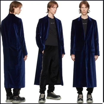 Noble Navy Men Suits Velvet Custom Men Suits Winter Tuxedo Peaked Lapel Business Blazer Pajamas Set Long Coat One Piece