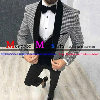 Класически кариран мъжки костюм 3 части комплект сватбен младоженец смокинги черен шал ревера бизнес блейзър (яке + панталони + жилетка) Terno Masculino