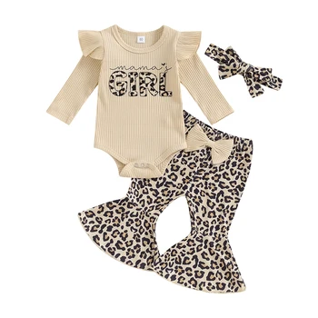 бебе момичета 3 парче екипировки новородено оребрени дълъг ръкав кръг врата гащеризон и леопард печат разкроени панталони лента за глава