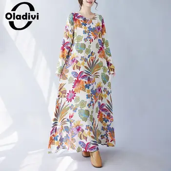 Oladivi Fashion Pirnt голям размер дълъг ръкав извънгабаритни рокля жени пролет есен случайни хлабав Midi рокли дълги туники роба 9663