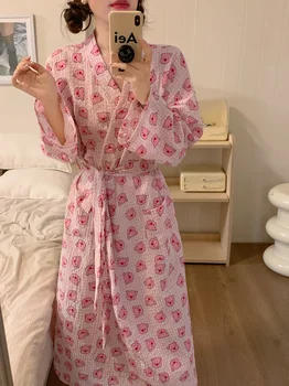 Kawaii розово прасе каре есенна нощница жени дълъг ръкав v-образно деколте дантела нагоре дълго спално облекло памук случайни кимоно нощ рокля хлабав