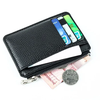Черна карта притежател мъже портфейл плътен цвят текстурирани PU цип карти слот ултра-тънък Lichee модел портфейл карта & ID притежателите чанти