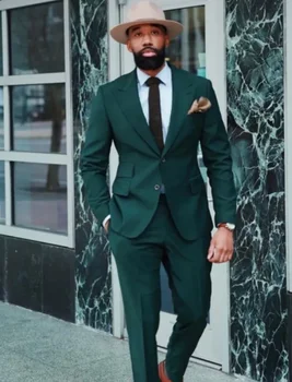 Custom Green Peak Lapel Men Suits 2 броя Сватбени смокинги Моден бизнес младоженец Мъжки тънък годен блейзър Masculino ежедневно облекло
