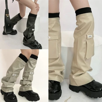 L93F Дамски PU кожи Подгряващи крака Модни Flare Leg Warmers Дълги чорапи за крака Момичета Пънк крак чорапи Boot Cover