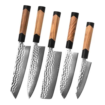 5 бр. Комплект ножове Chefs Cleaver Damascus Steel Utility Santoku Kiritsuke Nakiri Slicing Paring BBQ Ръчно изработен кован кухненски нож