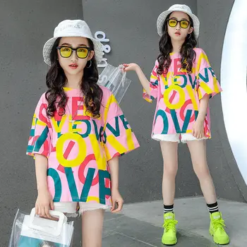 3 4 5 6 7 8 9 10 години момичета тениска нова мода корейска версия писмо пълен печатни момичета върховете за деца къс ръкав суитчъри