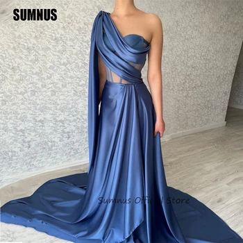 SUMNUS Blue Satin A-Line вечерно парти рокли едно рамо проста абитуриентска рокля Саудитска Арабия Официални рокли Vestidos De Noche Жени