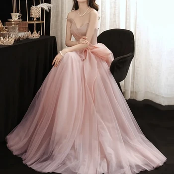 Сладки розови абитуриентски рокли за жени Секси перли без презрамки тънка талия A-Line Vestido Longo Festa Lady Елегантна парти рокля