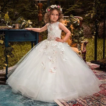 Апликация Пеперуда цвете момиче рокля бял пухкав тюл за сватба елегантен детски първи евхаристиен рожден ден абитуриентски рокли
