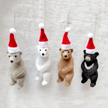 1Pcs Полярна мечка Коледа висулка симулация пластмасови плюшени Санта шапка мечка кукли висящи орнаменти за коледно дърво декор детски подаръци