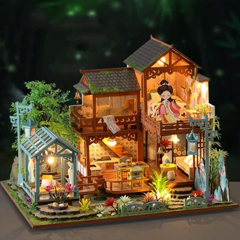 DIY дървени къщи за кукли Китайска древна градинска стая Casa миниатюрни строителни комплекти с мебели Led Dollhouse за възрастни Подаръци