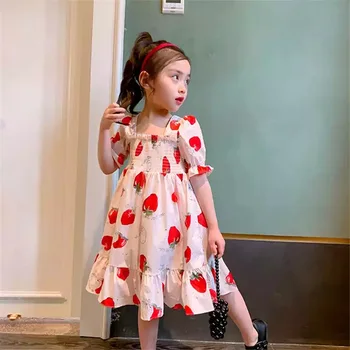 Рокли за момичета 2023 Лятна памучна рокля с къс ръкав за детско облекло Принцеса Детски ягодов печат Плажна празнична рокля