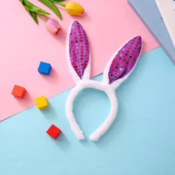 Bunny Ear Hairband Sequin Bunny Ear Led Light Hairband за жени Мека плюшена еластична лента за глава против хлъзгане за Великденско парти