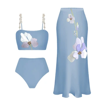 Blue Flower Print Split Swimsuit 2023 Тиранти с висока талия оглавник секси бикини жена мода разрошени неправилна пола плажно облекло