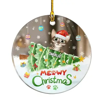 Коледа плоски котешки орнаменти карикатура 2D котешко дърво висулка орнамент начало декор продукти висулка с животински изображения за парапет