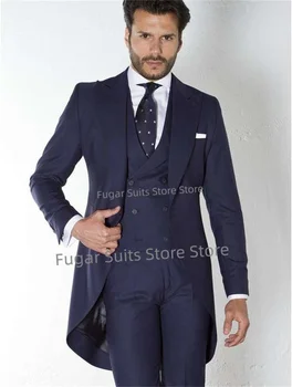 Бизнес тъмносин дълъг сватбен костюм за мъже Slim Fit Peak Lapel Groom Tuxedos3Pieces Комплекти High Qublity MaleBlazer Костюм Homme