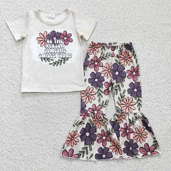 Търговия на едро бебе момиче облекло цвете малко дете къси ръкави риза деца флорални звънец дъното панталони бебе деца пролет есен комплект