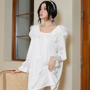 Sweet White Lace Ruffle Nightdress Long Sleeve Sleepshirt Sexy Mini Rayon Nightgown Sleewpear Casual Loose Home Dress Loungewear