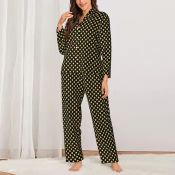 Златна точка спално облекло пролетни кръгове печат реколта извънгабаритни пижама комплект женски дълъг ръкав модерен дневен модел нощно облекло