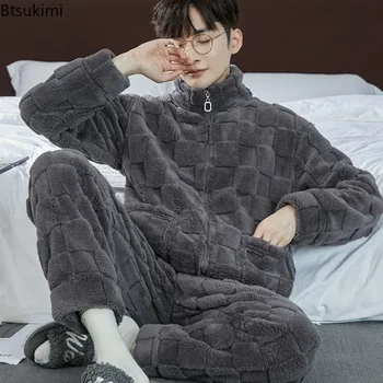 2024 Мъжки сгъстени топли пижами комплекти Фланела 2 части комплекти спално облекло мъжки есен зима домашен костюм меко нощно облекло пижама шезлонг