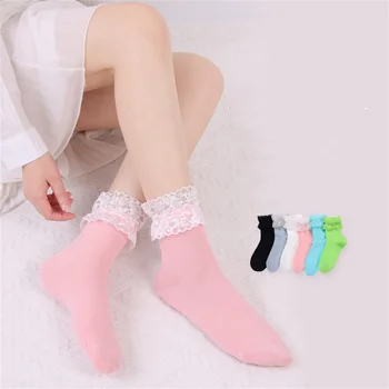 Дамски чорапи Лолита стил японски Kawaii сладък накъдрен волан чорапи твърди бели черни мрежести дантелени момичета сладки Harajuku къси чорапи