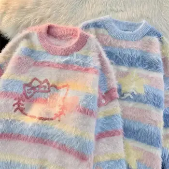 Hello Kitty пачуърк пуловер Ins японски хлабав кръг врата вътрешен пуловер Kawaii корейски мързелив вятър колоритен свеж топъл трикотаж