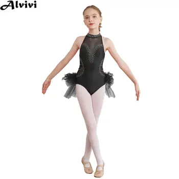 Деца момичета фигурно пързаляне боди балет танци гимнастика трико туту без ръкави отвесни окото гащеризон латински танго костюм