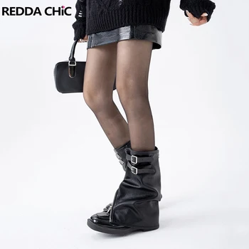 ReddaChic деконструирани колан кожени крака нагреватели жени ретро черно твърдо гръндж Y2k ботуши покритие нередовни цип до коляното дълги чорапи