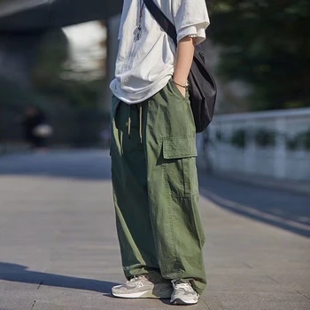Мъжки карго панталони направо торбест мулти-джоб шнур панталони глезена дължина японски мода случайни голям размер улично облекло A68