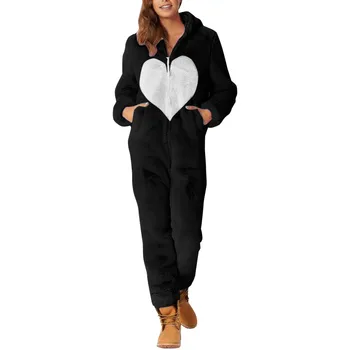 S-5XL корал руно топло дамски еднокомпонентни пижами дами сърце отпечатани хлабав качулка гащеризон спално облекло женски зимни домашно облекло