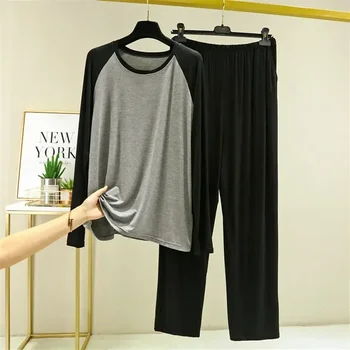 Дълга пижама Начало Свободни дрехи 2 комплекта 2023 Памучен ежедневен модал за комплект Мъжко парче размер ръкав Мъжете носят големи