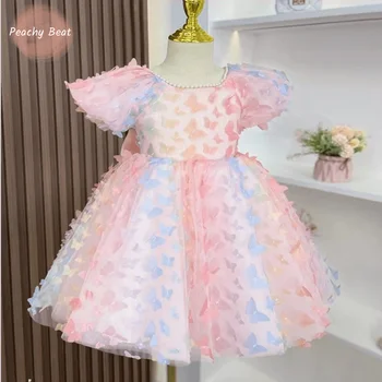 Бебе момиче принцеса Tutu рокля 3D пеперуда бебе малко дете дете тийнейджър лък перла реколта Vestido парти рожден ден бебешки дрехи 2-14Y