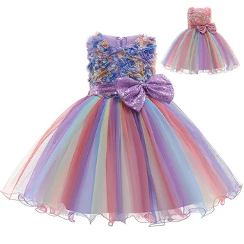 Girls Rainbow Rainbow Mesh Bow Princess Dress A-LINE рокля за деца Детска сватбена вечер Официален конкурс за парти Vestidos