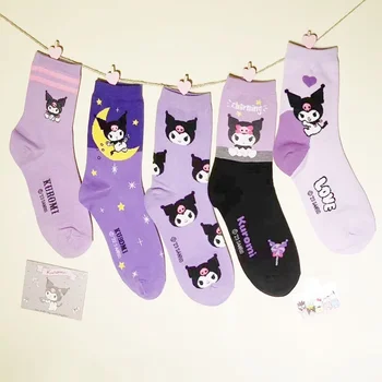 Purple Cartoon Sanrio Cotton Sock Girl Socks Cartoon Purple Black Cotton Medium Tube Female Socks Cute Cartoon Long Tube Socks