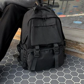 Черно Ученици Раници Голяма чанта за пътуване Solid Harajuku Casual Schoolbag Backpack Жени Мъж чанта Unisex High Street