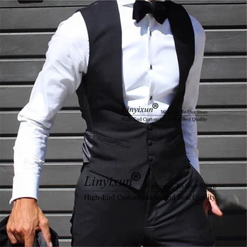 Мода черни мъже жилетка за сватба младоженец смокинг едно парче тънък годни жилетка плътен цвят нетактичност Masculino по поръчка