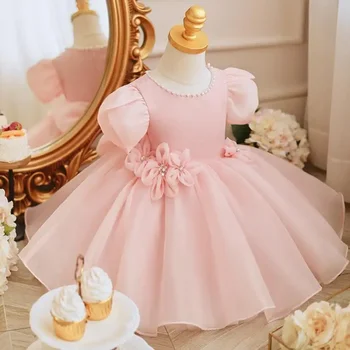 Нова детска принцеса вечерна рокля перли лък апликации дизайн рожден ден кръщение парти Великден Ейд рокли за момичета