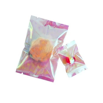100Pcs прозрачен лазер Open Top Clear Rainbow пластмасови топлина печат чанта бонбони бисквити храна гайка recycable съхранение опаковки торбички