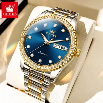 OLEVS Луксозен диамантен механичен часовник за мъже Бизнес каишка от неръждаема стомана водоустойчива светеща седмица дата автоматични часовници