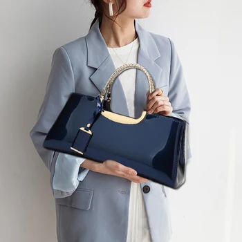 Мода Дамски чанти PU кожа лакирана мека дръжка отгоре дръжка чанта женски случайни голяма пазарска чанта чанта чанта А Главна bolsa feminina