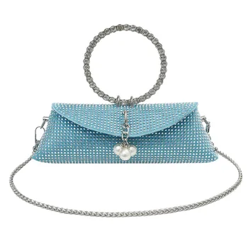 Луксозен дизайнер съединител чанта модни перли PU кожа верига метален пръстен чанта плътен цвят диаманти кристали чанта жени