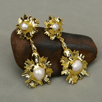 GG бижута естествен бял Keshi перла ясно кварц цвете жълто позлатено висящи обеци подаръци за жени