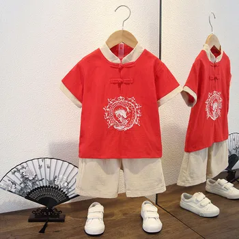 Детски костюми Удобни детски тоалети Ретро тениска+ Къси панталони 2PCS Летен китайски Tang стил бебе момчета и момичета облекло комплект