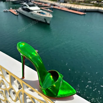 Секси блясък Зелени чехли Peep Toe Stiletto висок ток заострени пръсти Дамски обувки 2023 Нова мода Сапатос пара Mujere