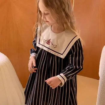 2024 AncoBear бебе момиче едно парче рокля есента деца бутик дизайн череша бродерия ивици печат рокли деца хлабав frock