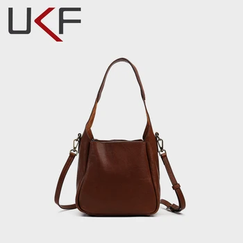 UKF Ретро дамска чанта за рамо от естествена кожа Универсална чанта Голям капацитет Casual Crossbody чанта за дами