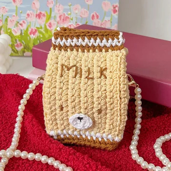 Ръчно изработени плетене на една кука прежда тъкани чанта джоб DIY монета чанта мобилен телефон Crossbody чанта перла верига малка мечка мляко кутия чанта