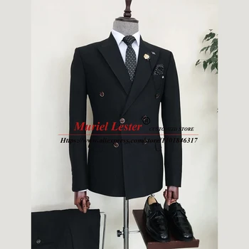 Black Business Suits Slim Fit Classic Мъжко мъжко облекло Специално изработени двуредни блейзъри Комплекти Официален сватбен младоженец Tuxedo
