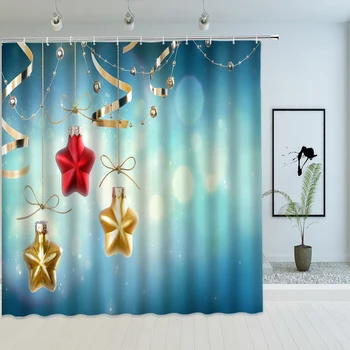 Сребърно злато Коледни топкиЗавеса за душ Коледни топки с въртящи се панделки и звезди Абстрактен плат баня декор баня екран