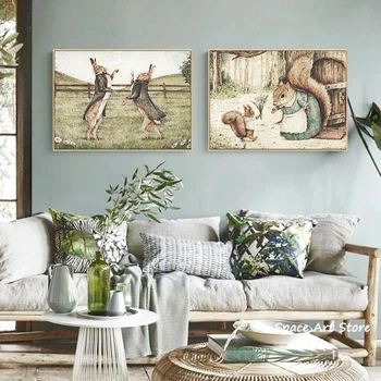 Реколта животински семейство плакат антропоморфен заек елен катерица платно живопис HD печат стена изкуство картина Badroom дома декор